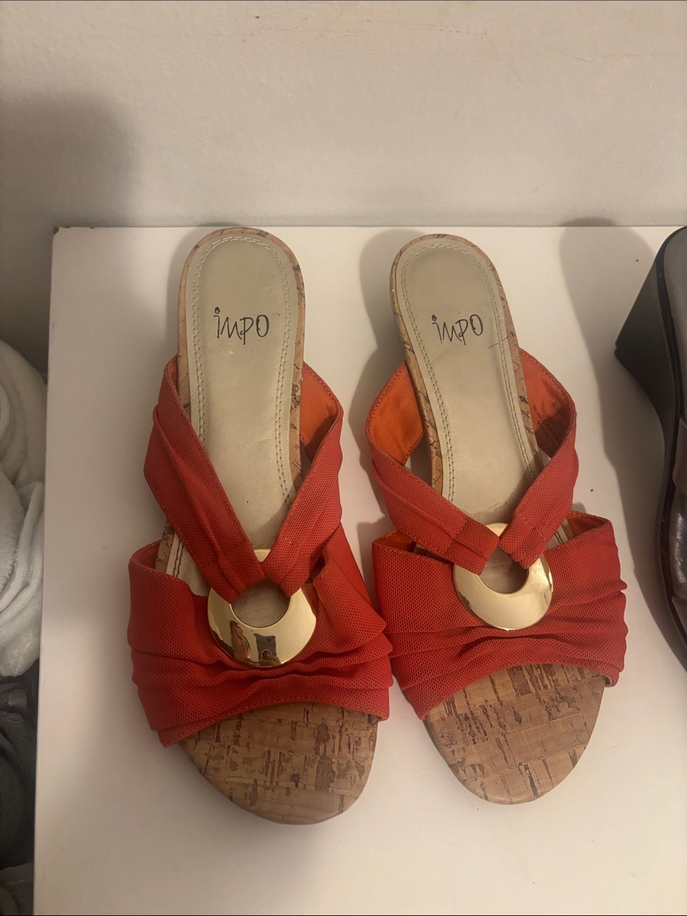 Impo Red-Orange Cork Wedge Slide Sandals with Gold Ring Accent